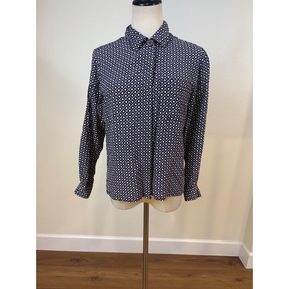 Vtg Christian Dior Chemises Top Women 6 Navy Blue Geometric Print Classic luxury
